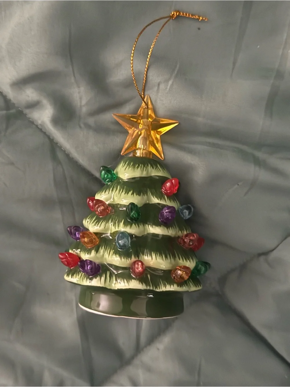 Green Ceramic Christmas Tree Ornament with Multicolor Bulbs and Gold Star